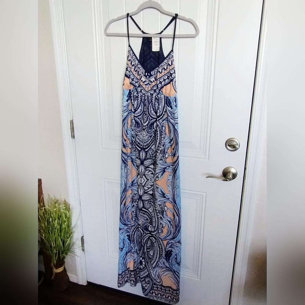 Clarte Strappy Paisley Blue & Peach Racerback Maxi Dress S NWT